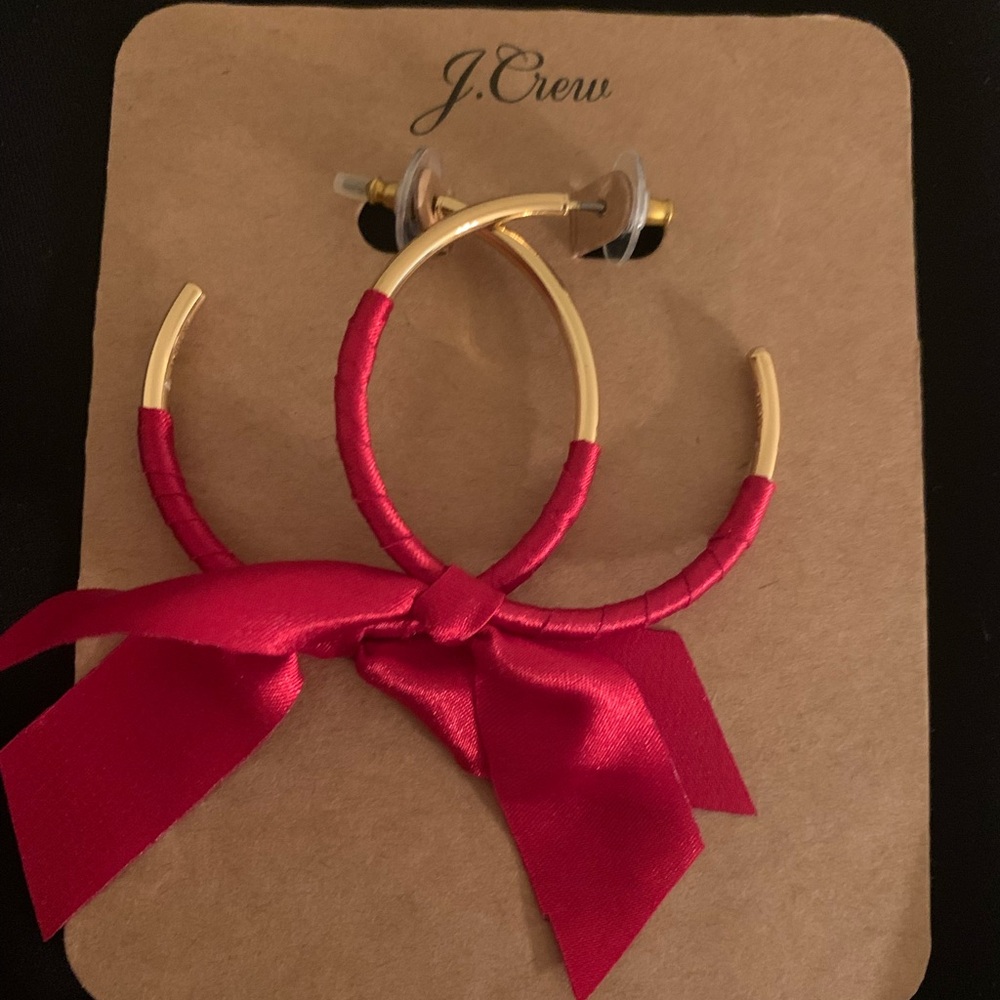 J. Crew Gold Hoops with Red Ribbon Accent